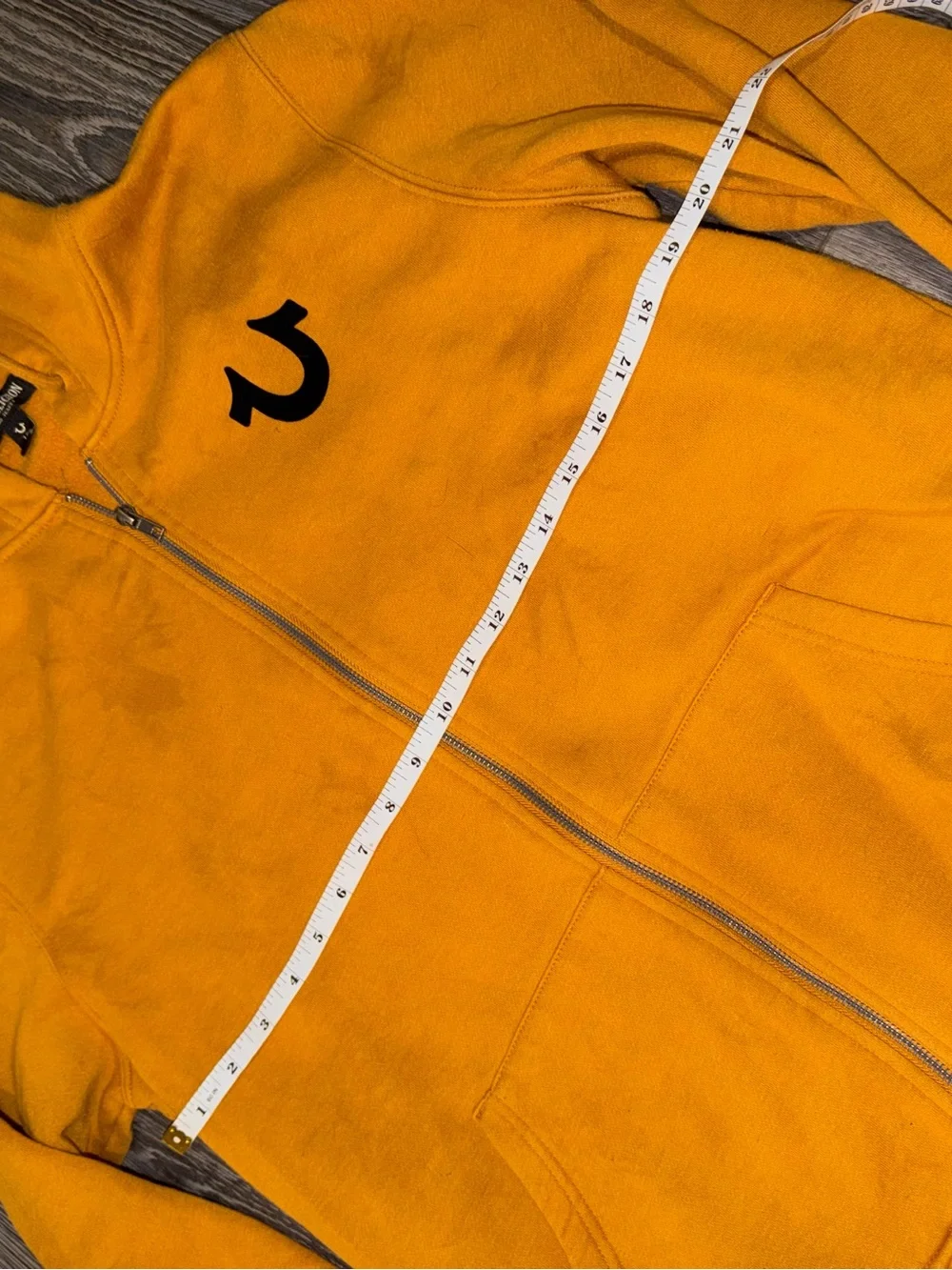 True Religion Vintage yellow zip up hoodie with black logo size L